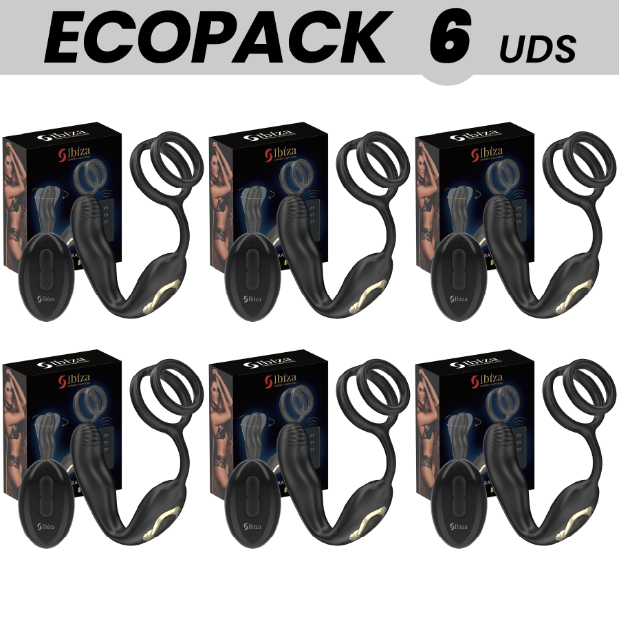 ECOPACKS 6 UNITÀ - IBIZA WIGGLE TAPPO ANALE ROTANTE TELECOMANDATO CON VIBRAZIONE PERINEALE E ANELLI PER L'ESTENSIONE DEL PENE
