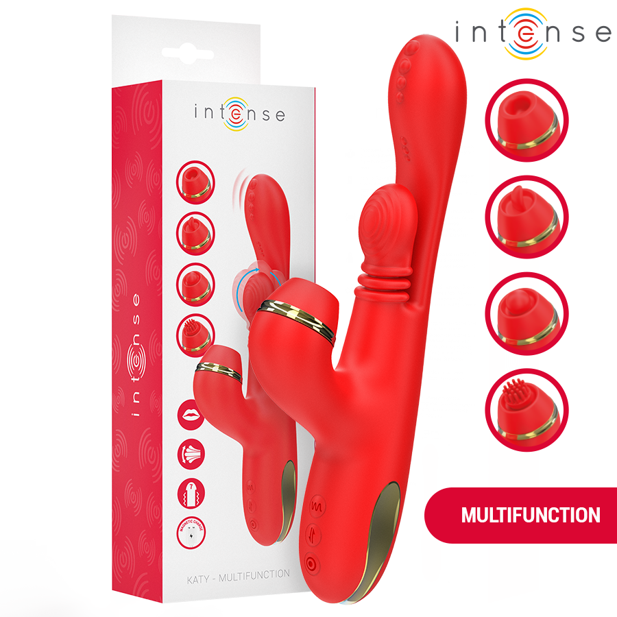 INTENSE - KATY STIMOLATORE CLITORIDEO MULTIFUNZIONE 4 TESTINE INTERCAMBIABILI ROSSO